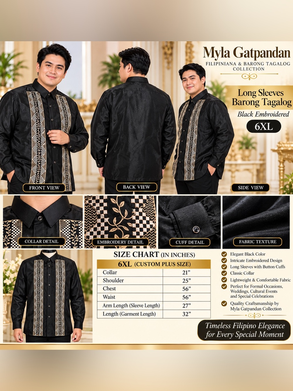 6XL Black Long-Sleeve Embroidered Barong Tagalog